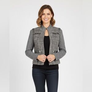 ST. JOHN SOCA Jacket Tweed Wool Knit Studs Design Zip 4 Pockets Size S Gray